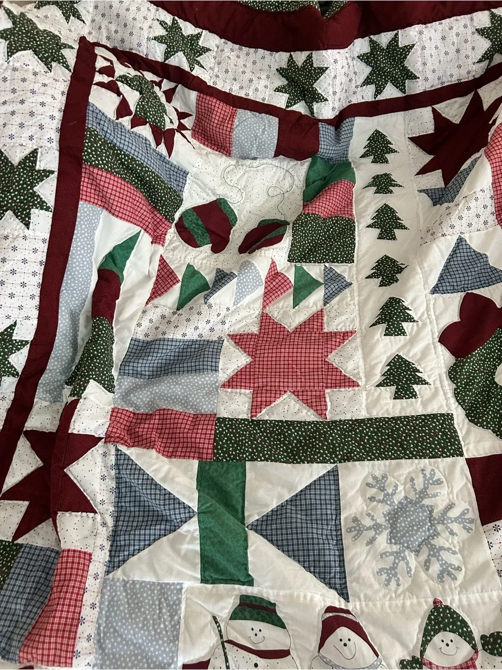 Quilt, Christmas Queen Snowman Patchwork Quilt With 2 Pillow Shams Vtg